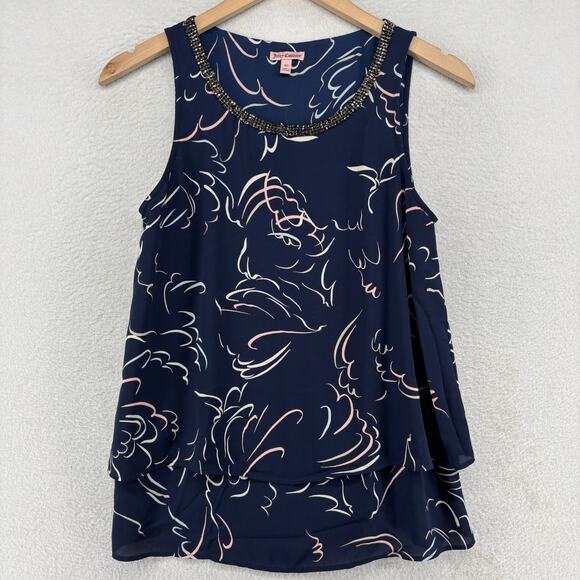 JUICY COUTURE Tank Top XS Beaded Neckline Crepe Layered Printed Blue - Picture 1 of 12